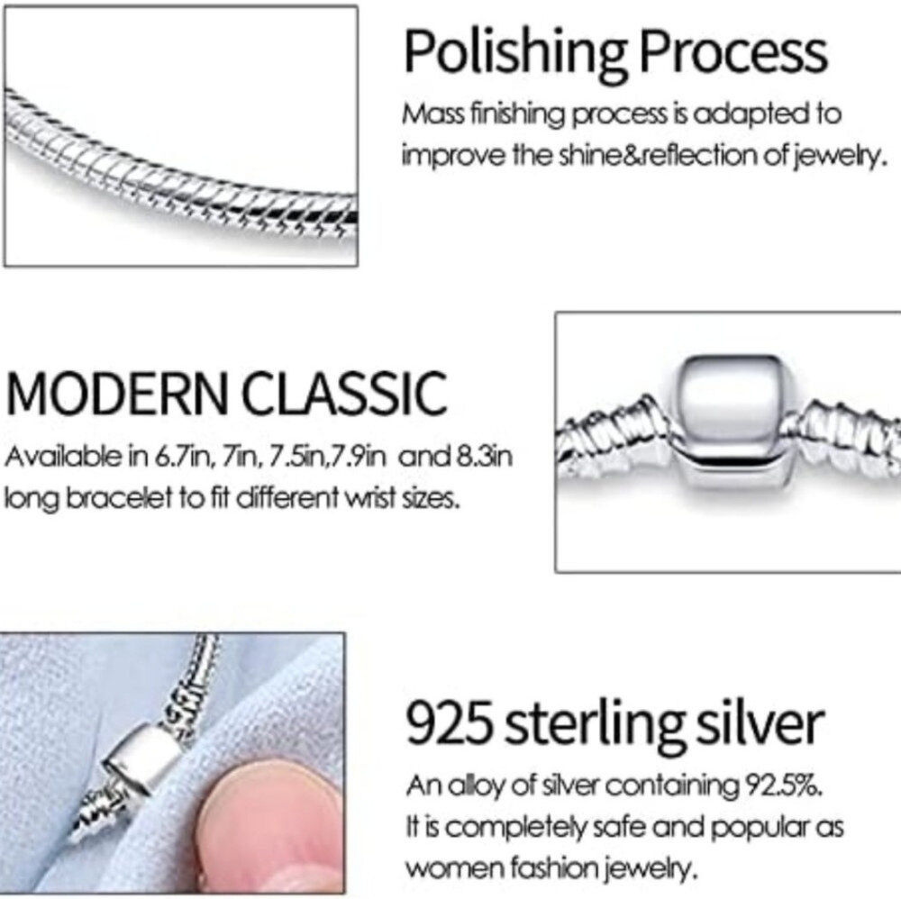 Sterling silver Plated Round Snake Chain Charm Bracelet 9" - Picture 5 of 7